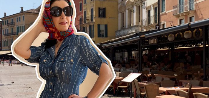 Collage with model wearing blue urban safari dress, headscarf, sunglasses and outside Italian cafe